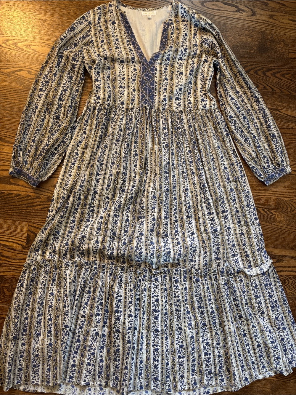 Blue and White Floral Long-Sleeve Tiered Maxi Dress